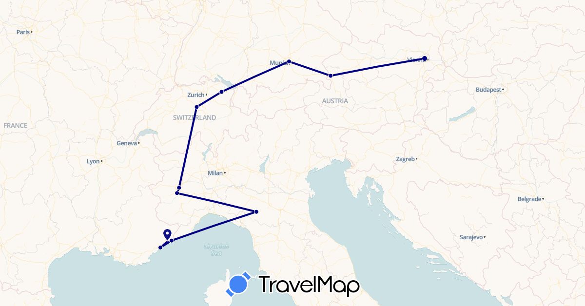 TravelMap itinerary: driving in Austria, Switzerland, Germany, France, Italy, Monaco (Europe)